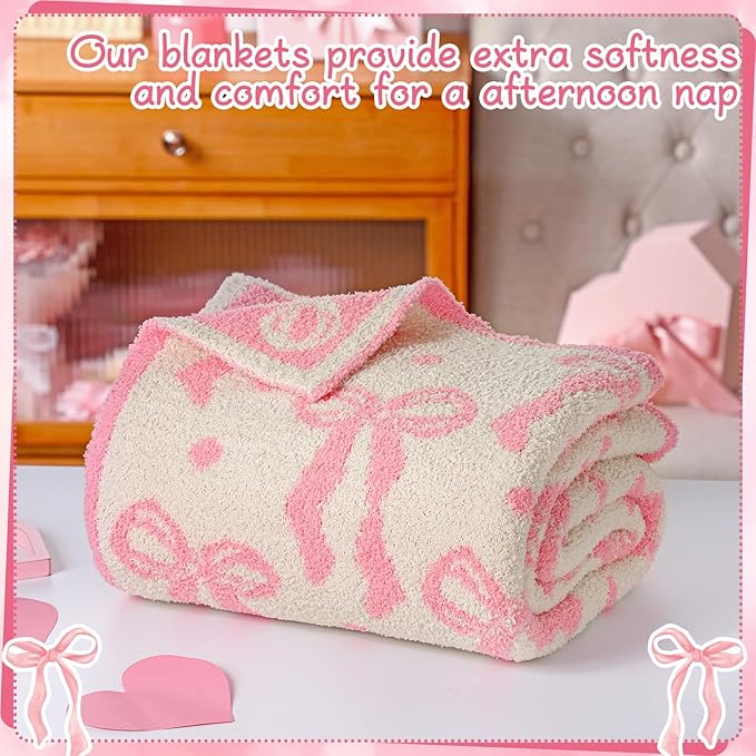 Buryeah Pink Bow Blanket Soft Microfiber Double Sided Bow Throw Blanket 50"x 60" Coquette Aesthetic Plush Bedding Stuff Sofa Chair Dormitory Room Decor for Women, Wedding Bridesmaid Gifts, Mother