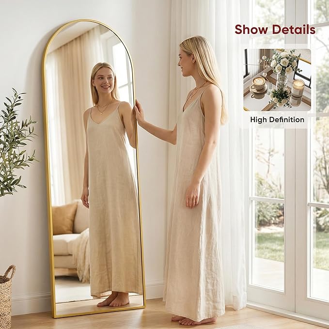 Antok Full Length Floor Mirror Arched Standing Mirror with Aluminum Frame - Freestanding Wall Mount Leaning Body Mirror for Bedroom Living Room Entryway, 71" L x 28" W, Gold