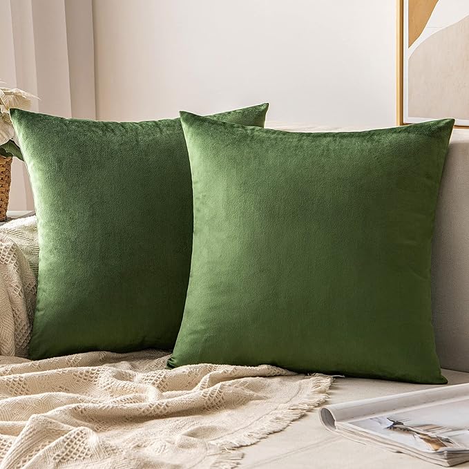 MIULEE Velvet Throw Pillow Covers 18x18 Inch, Pack of 2 - Moss Green, Soft Solid Decorative Pillow Covers Square Cushion Cases Farmhouse Modern Home Decor for Spring Couch Sofa Bedroom Living Room