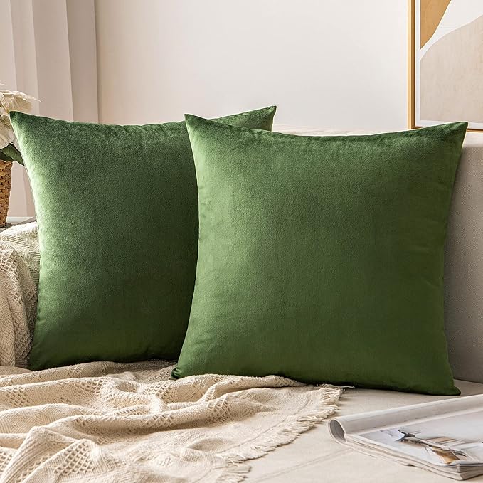 MIULEE Velvet Throw Pillow Covers 16x16 Inch, Pack of 2 - Moss Green, Soft Solid Decorative Pillow Covers Cushion Cases Modern Luxury Home Decor for Spring Couch Sofa Bedroom Livingroom