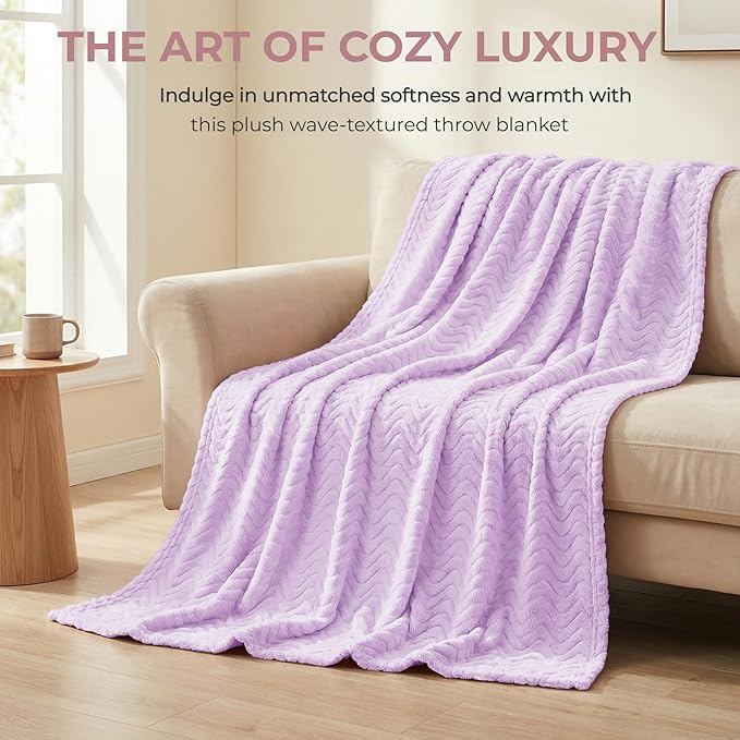 Exclusivo Mezcla Fleece Throw Blanket for Couch, Cozy Lightweight Blankets for All Season, Decorative Giftable Fuzzy Plush Wave Textured Throws for Women, Men, Lilac Purple, 50x70 Inches