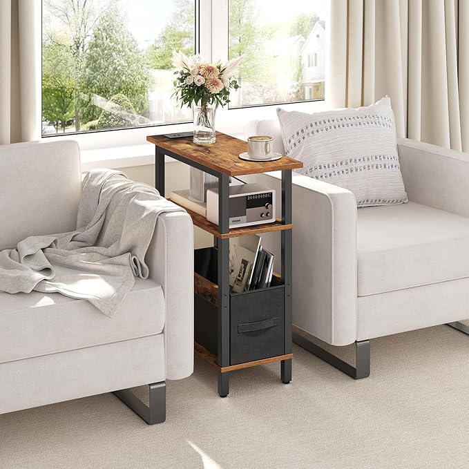 Narrow Side Table with Charging Station, Slim End Table with Fabric Storage, Skinny Nightstand for Small Spaces, Thin Bedside Table for Living Room, Bedroom, Rustic Brown ETHR125E01