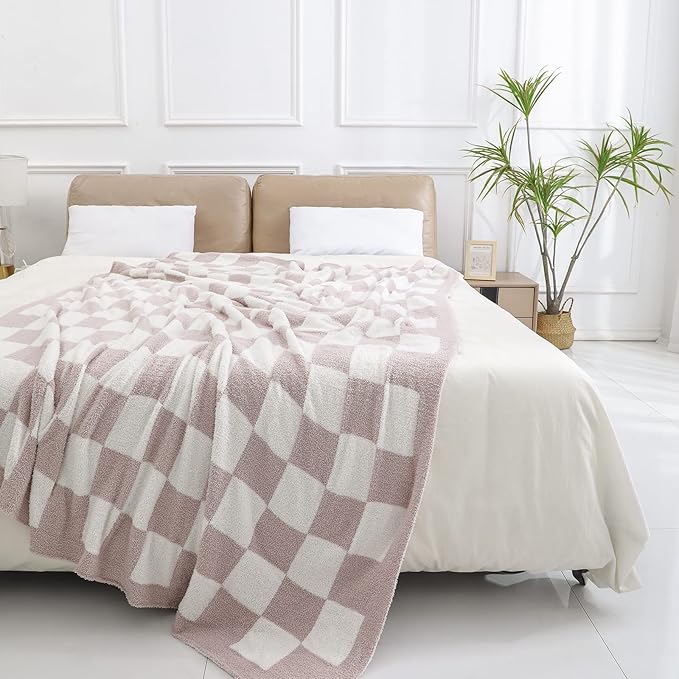 bearberry Fuzzy Checkerboard Grid Throw Blanket Knitted Soft Cozy Warm Microfiber Blanket Decor for Couch Sofa Bed Travel Home (Cream, 40''x50'')