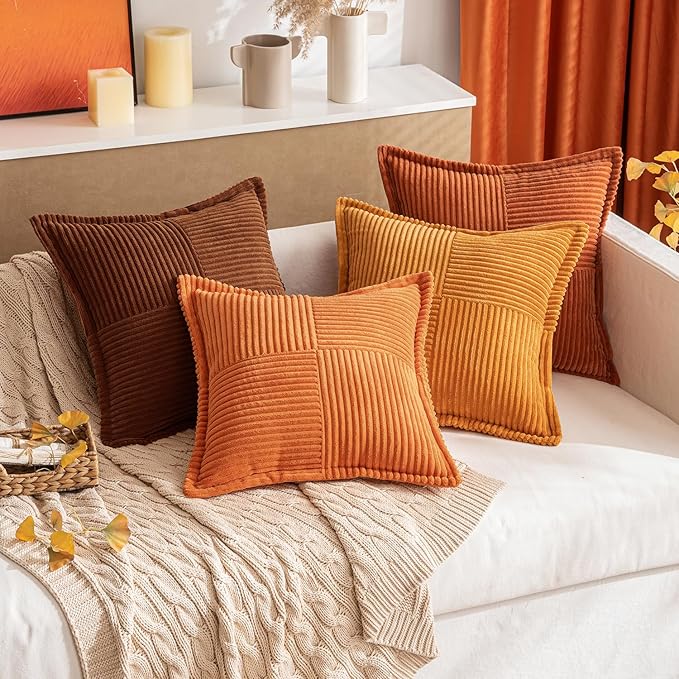 MIULEE Orange Decorative Throw Pillow Covers for Couch Bed Livingroom 20x20 Inch Set of 2 Boho Accent Throw Pllows Broadside Striped Patchwork Soft Corduroy Pillowcases