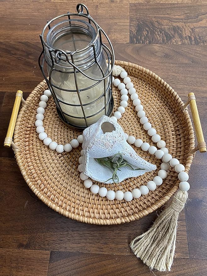LSKYTOP 60 Inches Wood Bead Garland,Wooden Beads with Tassel,Farmhouse Beads Rustic Prayer Beads Boho Beads for Farmhouse Tiered Tray Coffee Table Mantel Decor (2 Pack)