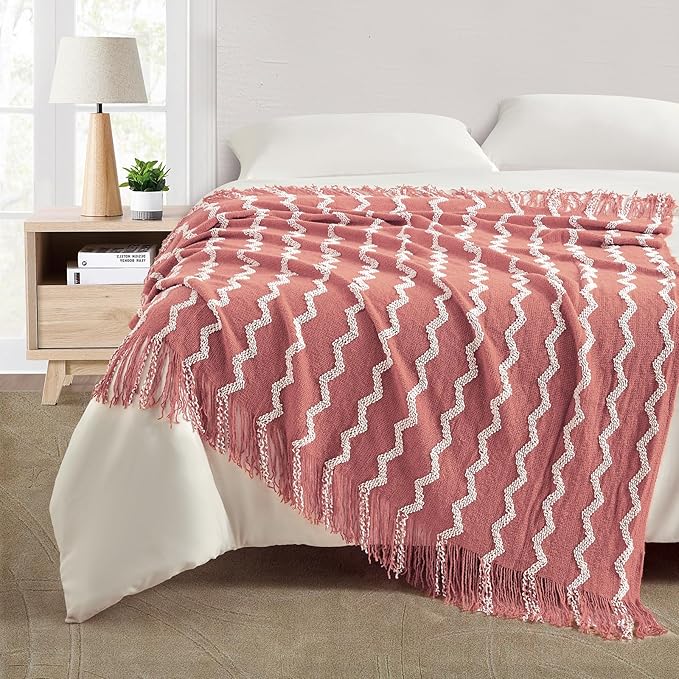 BOURINA Fluffy Chenille Knitted Fringe Throw Blanket Lightweight Soft Cozy for Bed Sofa Chair Throw Blankets, Coral Pink 50" x 60"