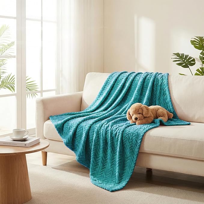 Exclusivo Mezcla Queen Blanket for Bed, Cozy Lightweight Fleece Blankets for All Season, Decorative Giftable Fuzzy Plush Wave Textured Suitable for Women, Men, Teal, 90x90 Inches