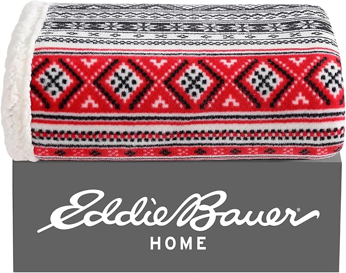 Eddie Bauer - Throw Blanket, Brushed Fleece & Plush Sherpa Soft Bedding, Blanket for Couch & Bed (Fair Isle Black, 50" x 60")