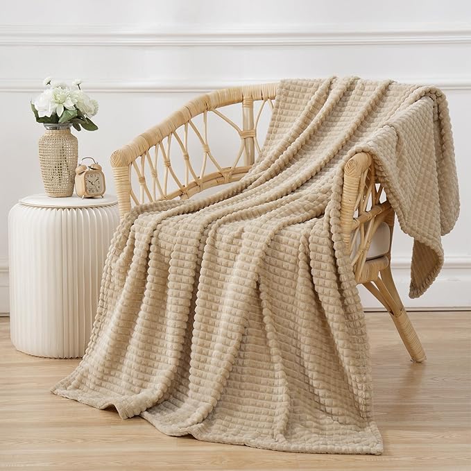 Puncuntex Flannel Fleece Throw Blanket Khaki 60"×80",Super Soft Plush Cozy Blanket with Square Grid Design Luxury for Couch Sofa Chair