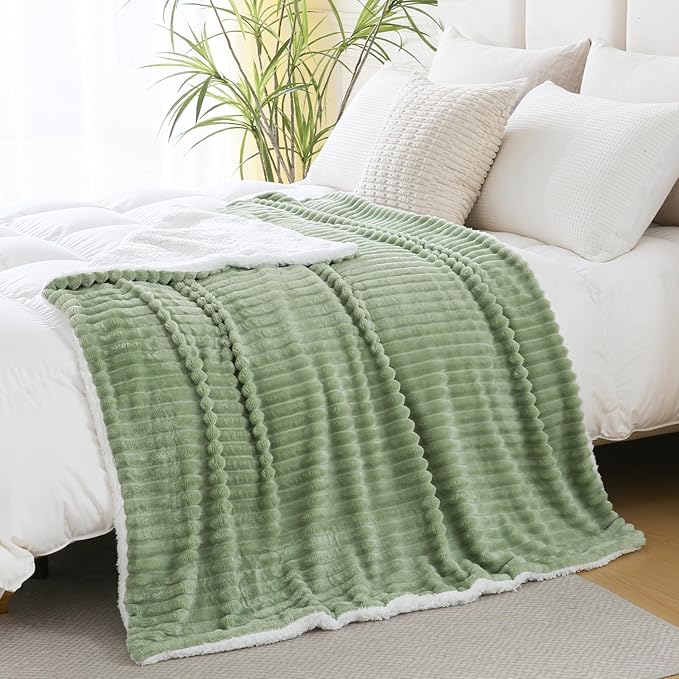 Sage Green Sherpa Fleece Throw Blanket 50”×60” for Couch Sofa Bed,Super Soft Cozy Plush Double Side Thick Flannel Blanket with Striped Design Lightweight for Adults,Woman,Girls