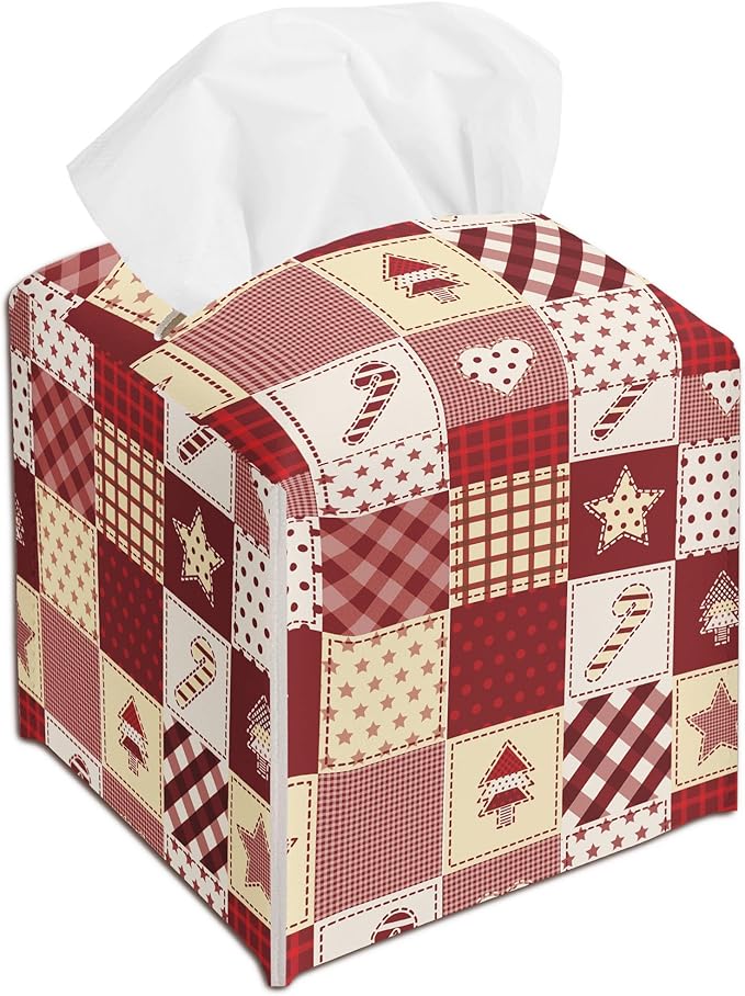 Christmas Patchwork Print Design Tissue Box Cover Holder, Cute Waterproof Tissue Box Cover Square, Xmas Gift Ideas for Family Friends, Bathroom Kitchen Car Office Home Decor(5.2 Inches)-B19