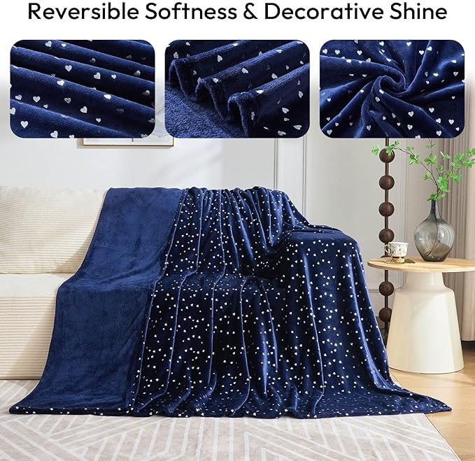 NANPIPER Fleece Blanket Heart Foil Print, King Size Soft Thick Microfiber, All Season Warm Lightweight Throw for Couch/Bed, 90"x108" Navy Blue
