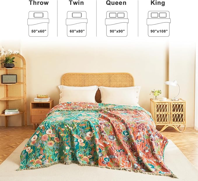 Boho Throw Blanket for Couch Sofa Chair Cotton Spring Breathable Blankets for Bedroom Living Room All Season Soft Lightweight Reversible Floral Embroidery Throws 50"x60" Home Decor