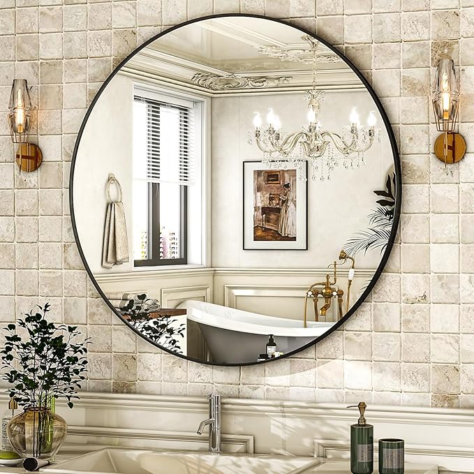 HARRITPURE Round Mirror 24 Black Wall Mounted Circle Mirrors Vanity Mirror with Brushed Aluminum Alloy Frame Modern Decoration for Bathroom, Living Room, Vanity, Bedroom, Entryway