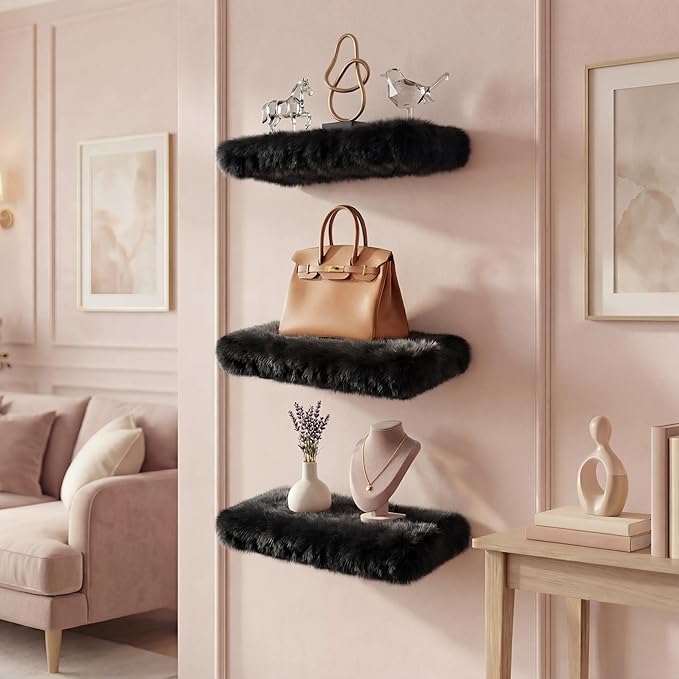 2 Pack Floating Shelves for Wall, Shelf with Fluffy Soft Black Shag Cover, Wall Mounted Shelves for Bedroom, Living Room, Suitable for storing valuable collectibles, bags, jewelry, high heels
