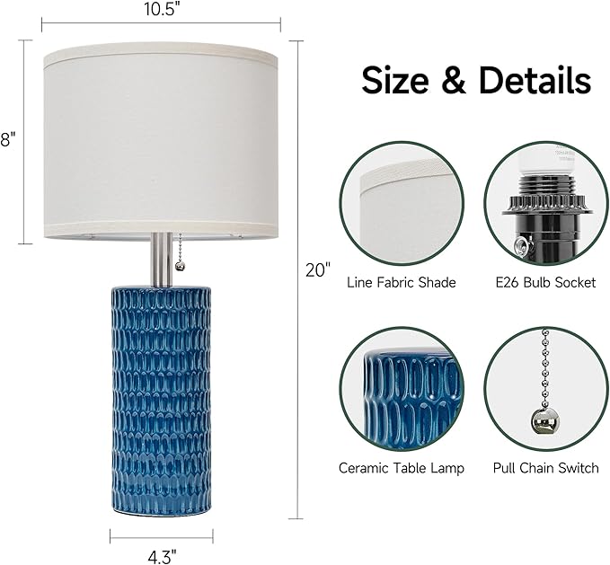 Table Lamps for Living Room Set of 2, Ceramic Table Lamps for Bedroom, 20" Modern Lamps for Night Stands, Blue