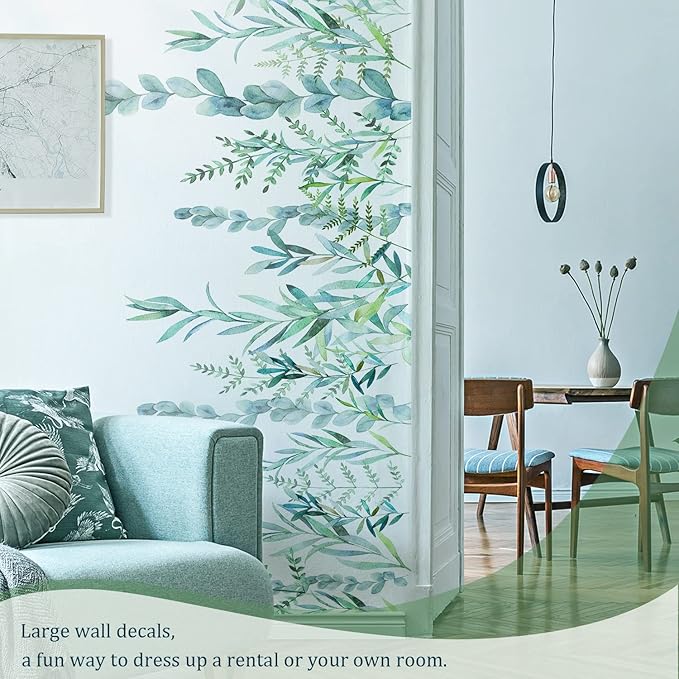 Green Hanging String of Willow Wall Decals Peel and Stick, Large Plants Vinyl Wall Stickers, Removable Vine Home Decor Art for Bedroom Living Room Classroom Office