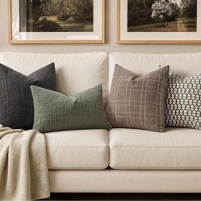 MIULEE Decorative Linen Check Euro Shams Throw Pillow Covers Neutral Farmhouse Vintage Pillow Covers 24x24 Set of 2 Boho Modern Winter Home Decor for Sofa Couch Bedroom Cushion Taupe