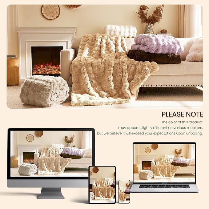 L'AGRATY Faux Rabbit Fur Blanket: 90" x 90" Queen Luxury Soft Fluffy Thick Fur Throw Blanket for Couch Bed - Cozy Plush Bubble Blankets for Winter: Flannel Fleece Decorative Blanket(Milk Tea Brown)