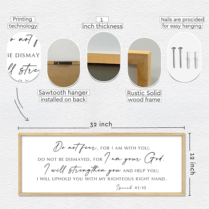 Do Not Fear for I Am With You Wall Decor Sign 32"×12" Bible Verse Scripture Isaiah 41:10 Signs Large Christian Religious Living Room Wall Hanging Art (Wood)