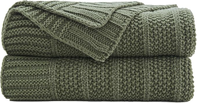 Douceur Olive Green Throw Blanket for Bed, Soft Cozy Lightweight Stripe Pattern Knitted Throw Blanket for Sofa, Kids Room, Living Room, 60"X80"