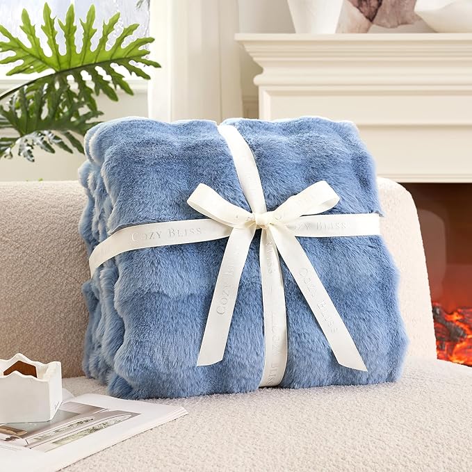 Cozy Bliss Faux Fur Bubble Throw for Couch, Fuzzy Soft Plush Thick Blanket for Sofa Bed Gift, 50x60 Inches Misty Blue