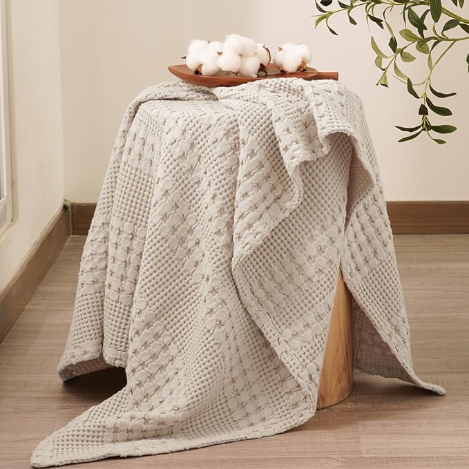 PHF 100% Cotton Waffle Weave Throw Blanket, Soft Lightweight Breathable Cozy Throws for Couch Bed Sofa, Luxury Aesthetic Blanket Gift for Home Decor & Office, 50"x60", Light Taupe/Oatmeal