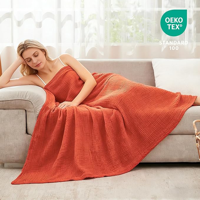 EMME Cotton Muslin King Blanket Bed Layering Bedspread Coverlet Breathable Gauze Soft Lightweight (Heather Orange Rust, 108"x90")
