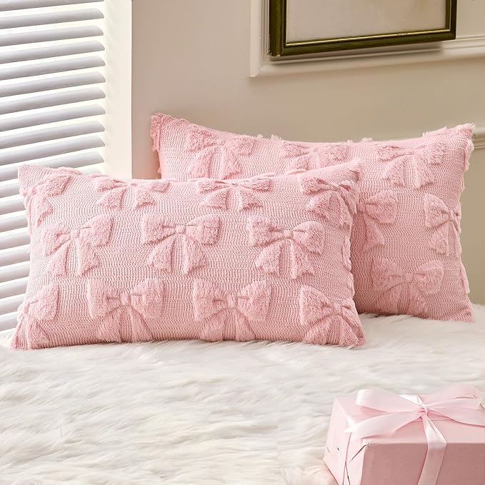 MIULEE Pink Bow Pillow Covers Coquette Room Decor Aesthetic Set of 2 Spring Decorative Cute Girl Soft Plush Faux Pillowcase for Preppy Room Decor Bedroom Couch,12x20 Inch