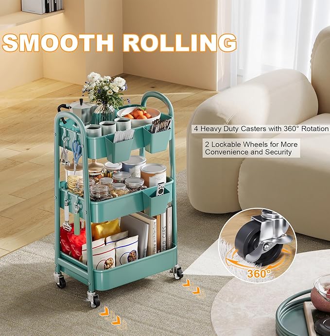 Green 3 Tier Rolling Cart Metal with Lockable Wheels, Three Tiered Craft Cart Organizer on wheels, Utility Storage Carts for Art, Baby Supplies, Diaper Caddy, Snack, Pantry, Nail, Lash, Cleaning