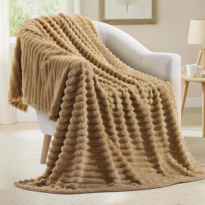 decorUhome Soft Fleece Brown Blanket Queen Size for Bed, Cozy Fluffy Plush Flannel Large Striped Throws for Couch Sofa, Lightweight Decorative Fuzzy Blanket for Woman, 90x90 Inches