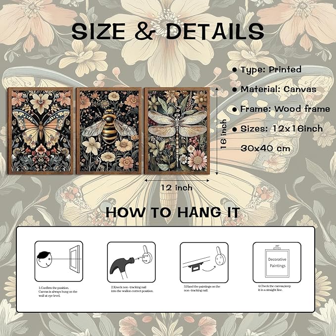 Retro Insect Wall Art Set of 3, Butterfly Bee Dragonfly Gothic Botanical Prints, Rustic Nature Animal Canvas Wall Decor for Living Room Bedroom Office Farmhouse Home Decor 12x16In Wood Framed