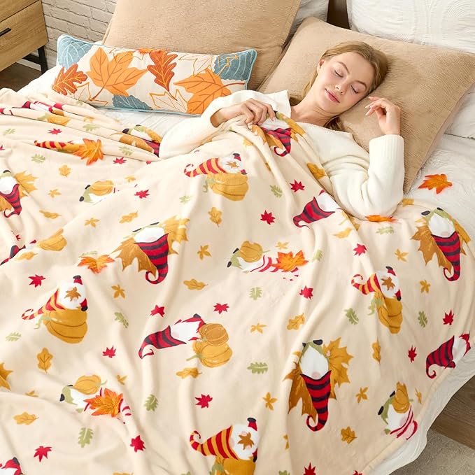 Cozy Bliss Pumpkin Gnome Throw Blanket - Warm MilkyPlush Throw Blankets,Ultra Soft Cozy Blankets for Couch,Sofa and Bed,Beige,60X80inches