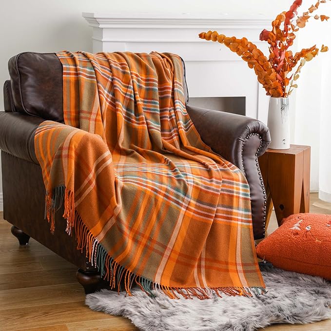 BATTILO HOME Orange Plaid Throw Blanket for Couch - Fall Throw Blanket - Lightweight Buffalo Plaid Blanket Throw Checkered Blanket for Bed, Sofa, Chair,Home Decor, Fall Decor
