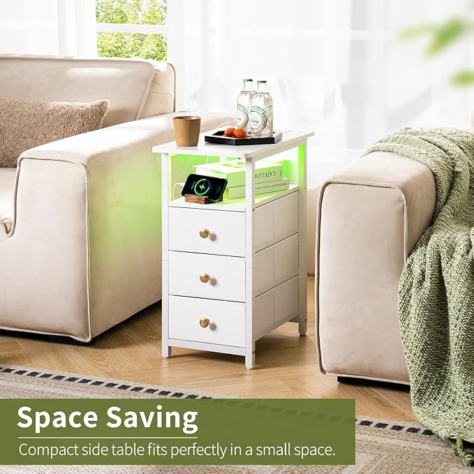 Yoobure End Table with Charging Station, LED Narrow Side Table Bedside Table, Small Night Stand End Tables Living Room, Skinny Nightstand with 3 Fabric Drawers, Side Tables Bedroom for Small Spaces