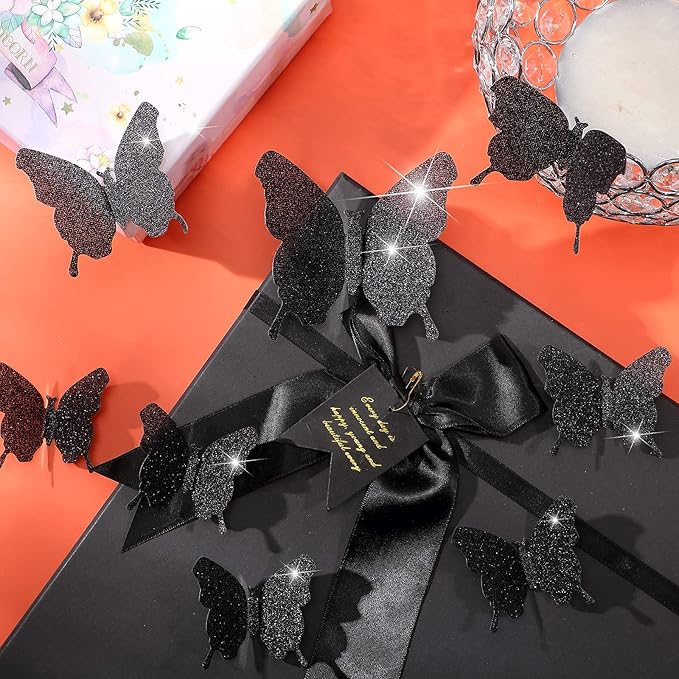 BBTO 48 Pieces Butterfly Wall Decor DIY 3D Mirror Butterfly Stickers Removable Decals Crafts for Birthday Party Bedroom School Bathroom Living Room Decor(Glitter Black)