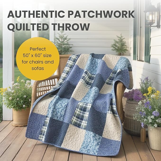 SLPR Cotton Quilted Throw Blanket, 50" x 60" Floral Farmhouse Patchwork Quilt, Shabby Chic Patchwork Throw Lap Quilt for Couch, Blue Symphony