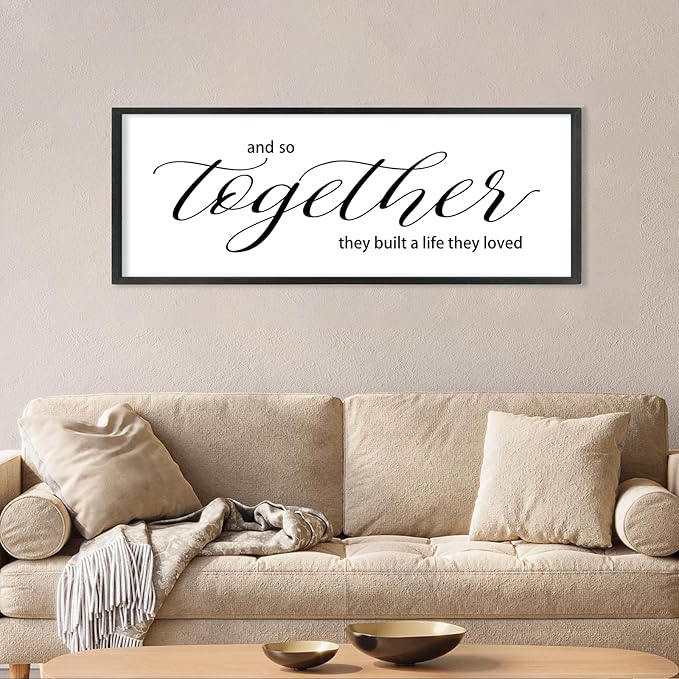 YWJKWLGS And So Together They Built a Life They Loved Family Sign Bedroom Decor Above Bed Wall Art 40x15 Inch Large Couple Love Quotes Framed for Master Room (Black)