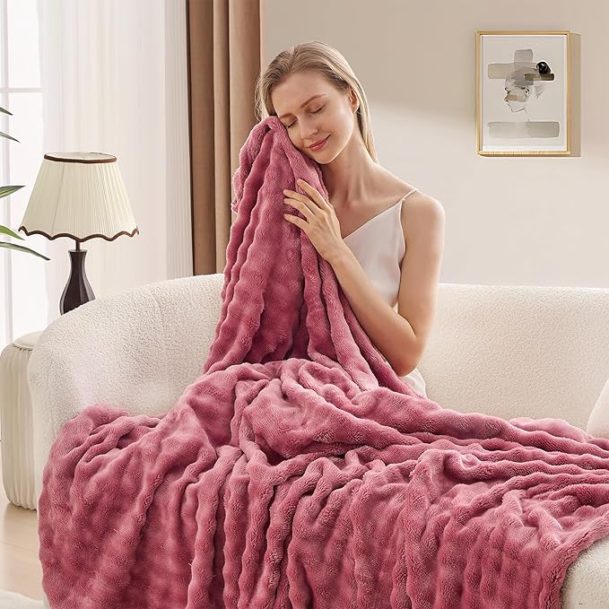 3D Bubble Plush Blanket Textured Fleece Throw Soft Warm Cozy Blanket Couch Bed Throw Rose 50x60 Inches