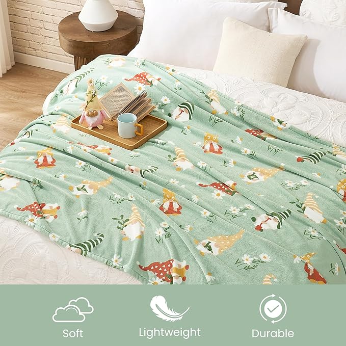 Cozy Bliss Gnome Spring Throw Blanket - Garden Daisy Floral Design, Warm MilkyPlush Throw Blankets, Ultra Soft Cozy Blankets for Couch, Sofa and Bed, Green, 60X80inches