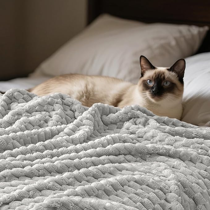 PHF Ultra Soft Flannel Fleece Throw Blanket, Lightweight 3D Jacquard Fleece Blanket, No Shedding, No Pilling, Luxury 340GSM Aesthetic Fluffy Cozy Throws for Couch Room Decor, 50"x60", Light Grey