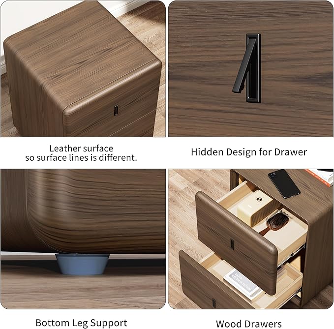 VICITON Narrow Nightstand with Drawers, Faux Leather Bedside Table, Solid Wood Drawer, Small Side Table for Bedroom (Leather Grey Poplar, 15.7" x 15.7" x 19.7")