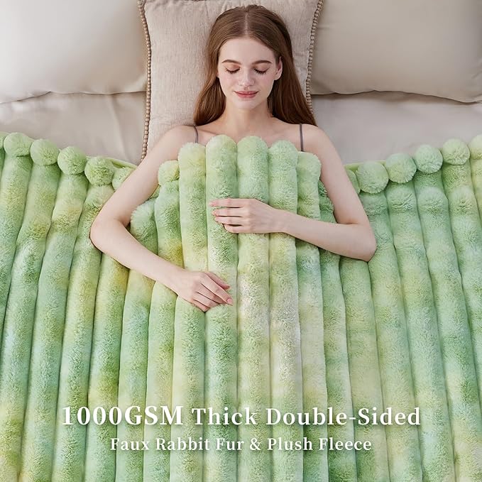 Fluffy Faux Fur Throw Blanket King Size, Thick 1000GSM Soft Cozy Throw Blankets for Bed, Plush Striped Warm Fuzzy Blanket for Couch LivingRoom Home Decor & Gifts(90"x 104", Tie-dye Green)