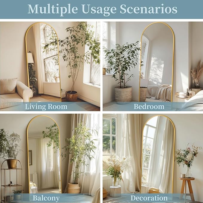 Full Length Mirror with Stand, 58"x18" Arched Full Body Mirror, Large Stand Up Aluminum Frame Floor Freestanding Hanging Leaning Mounted for Bedroom Living Room Entryway Gold