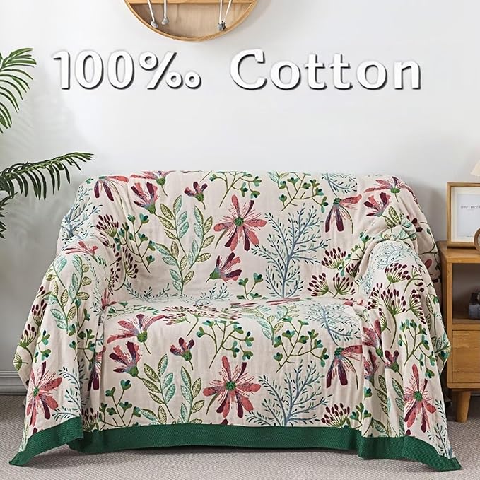 Spring Boho Throw Blanket for Bed,60"x80", Green,Lightweight Muslin Cotton Quilt for Couch, Sofa, Floral Travel Blanket, Reversible Picnic Beach Blanket, Best Gifts for Women,Mom