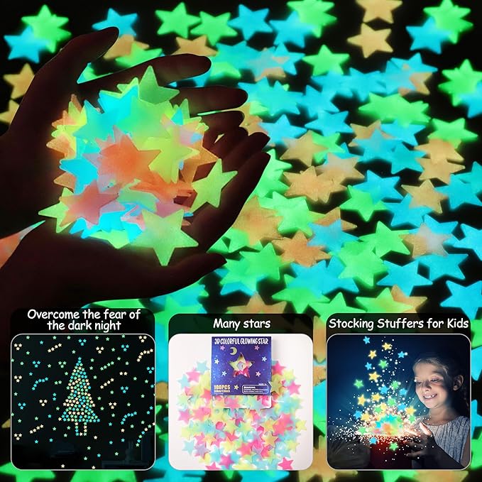 AM AMAONM 100pcs Glow in The Dark Luminous Stars Fluorescent Noctilucent Plastic Stars Wall Stickers Glowing Stars Decals for Home Art Decor Nursery Ceiling Kids Babys Bedroom Room Multicolor