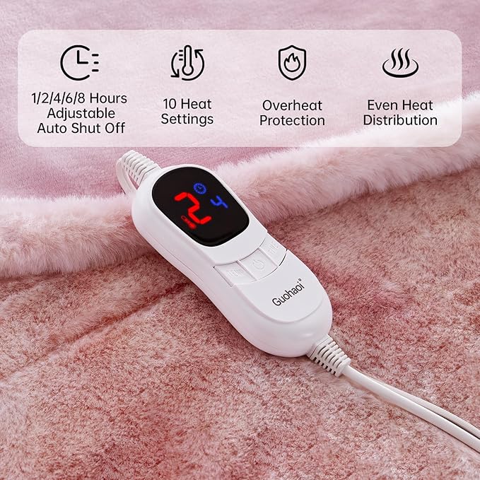 Guohaoi Heated Blanket Electric Throw, Soft Faux Rabbit Fur Electric Blanket with 10 Heating Levels 5 Sitting Timer Auto Off, Cozy Warm Heating Blankets, Machine Washable(72"×84" Pink)