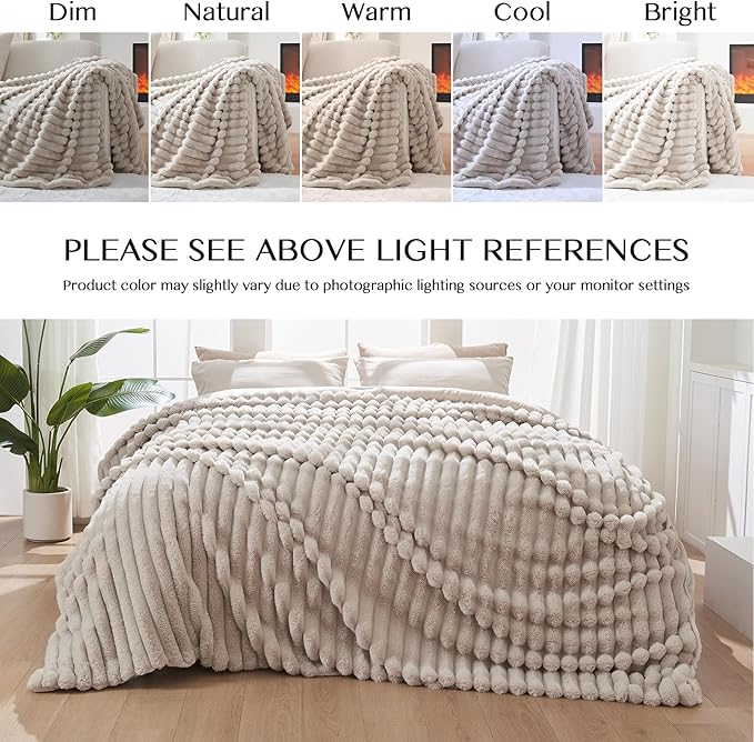 Lotus Karen Faux Fur Throw Blanket - Stripe Faux Rabbit Fur Blanket for Couch, Cozy Soft Fluffy Fuzzy Blanket, Warm Thick Furry Plush Shaggy Small Blankets for Women, Linen,50x60 Inches