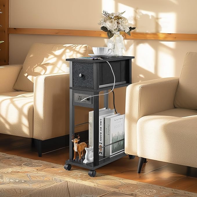 Narrow Side Table (1PC) - Black End Table with Overload Protection, Charging Station Drawer & 4 Wheels, Mobile Storage Nightstand for Bedroom Studio Apartment (1 AC + 2 USB Ports)