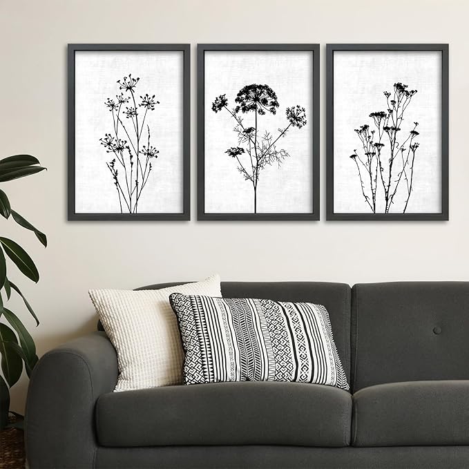 TQianJiang Flower Plant Wall Decor 16"x11" Black And White Botanical Painting Wood Framed Set of 3 Bedroom Office Abstract Wildflower Sign Hanging Art (Black)